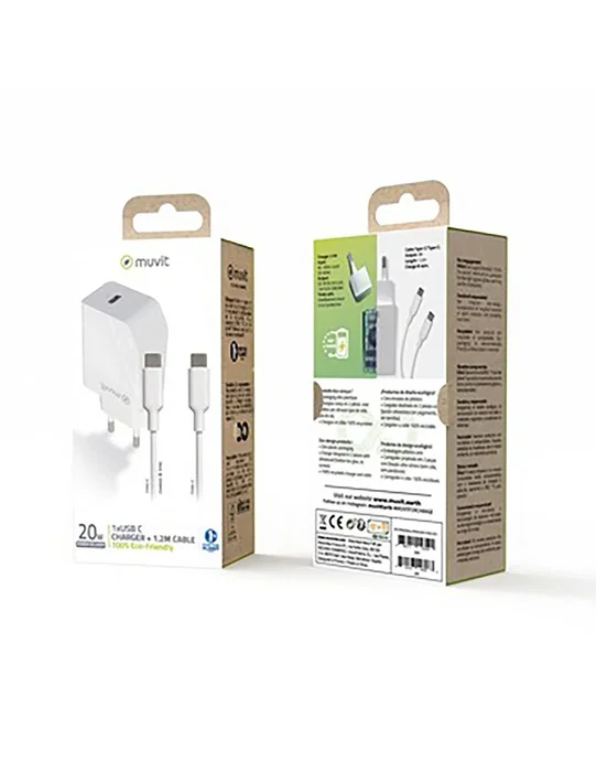 Muvit For Change MCPAK0044 Cargador de Pared 20W USB-C con Cable USB-C a USB-C