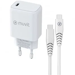 Muvit MCPAK0044 Cargador de Pared con Cable USB Tipo-C, 20W PD Carga Rápida, Material Reciclado, Universal para Smartphones y Tabletas, Color Blanco