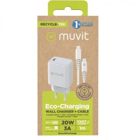 Muvit MCPAK0044 Cargador de Pared con Cable USB Tipo-C, 20W PD Carga Rápida, Material Reciclado, Universal para Smartphones y Tabletas, Color Blanco Muvit MCPAK0044 Cargador de Pared con Cable USB Tipo-C, 20W PD Carga Rápida, Material Reciclado, Universal para Smartphones y Tabletas, Color Blanco
