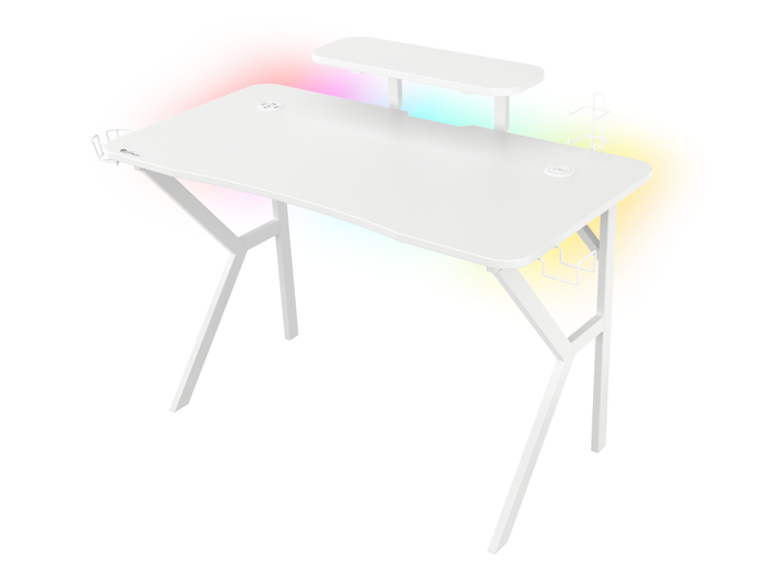 GENESIS Holm 320 RGB Mesa de Gaming Blanca con Iluminación LED, USB Hub y Carga Inalámbrica, 120cm
