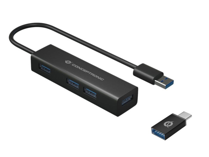 Conceptronic Hub USB 3.0 HUBBIES06B de 4 puertos con adaptador USB-C, Negro