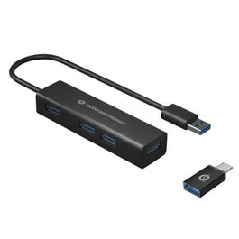 Conceptronic HUBBIES06B Hub USB 3.0 de 4 Puertos, Aluminio, con Adaptador USB-C a USB-A, 5 Gbps, Plug & Play para PC, Mac, Laptop