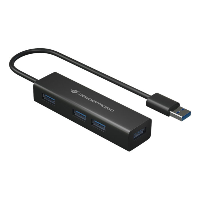 Conceptronic Hub USB 3.0 HUBBIES06B de 4 puertos con adaptador USB-C, Negro