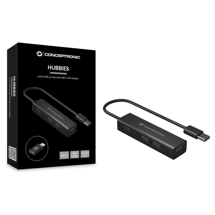 Conceptronic Hub USB 3.0 HUBBIES06B de 4 puertos con adaptador USB-C, Negro