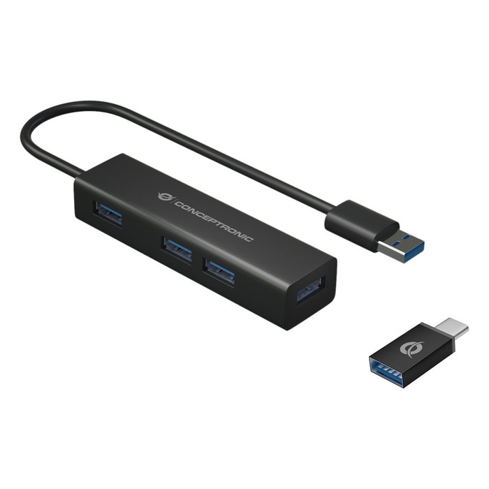 Conceptronic Hub USB 3.0 HUBBIES06B de 4 puertos con adaptador USB-C, Negro