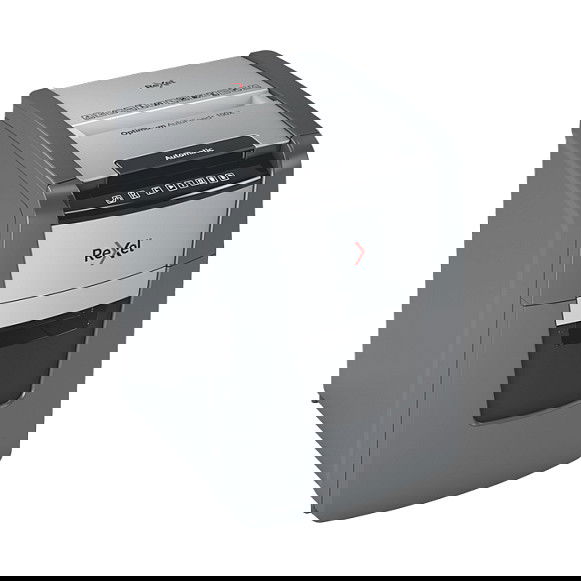 Rexel Optimum AutoFeed+ 100X Destructora de documentos con corte en partículas 4x28 mm, capacidad 250 hojas, 34 L, negro y gris