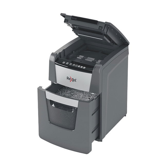 Rexel Optimum AutoFeed+ 100X Destructora de documentos con corte en partículas 4x28 mm, capacidad 250 hojas, 34 L, negro y gris