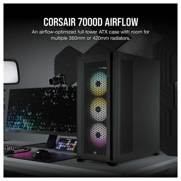 Corsair 7000D Airflow Caja PC Gaming Full-Tower Negro con Panel de Vidrio Templado, Soporta ATX/EATX, 11 Ranuras, Ventiladores 140mm, Gestión de Cables