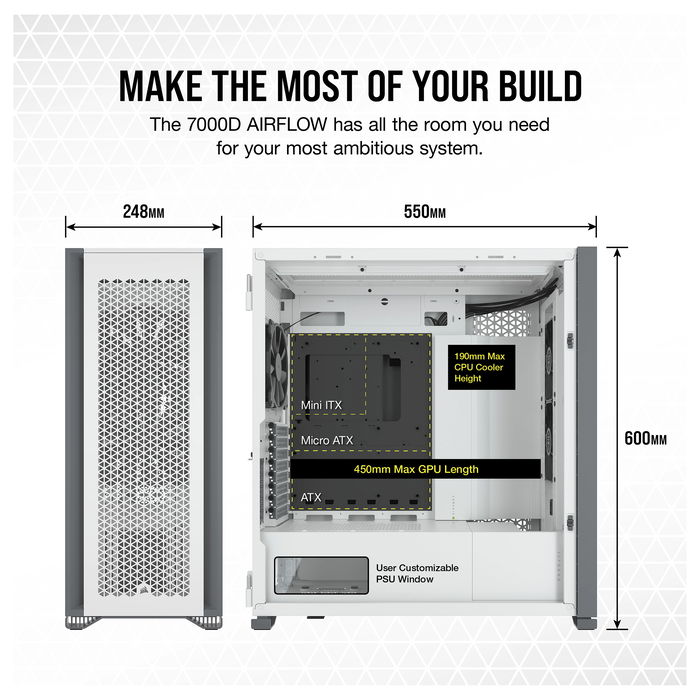Corsair 7000D Airflow Torre Completa para Gaming - Caja PC Blanco con Ventana Lateral de Cristal Templado, Compatible con ATX, micro-ATX, Mini-ITX, Gestión de Cables