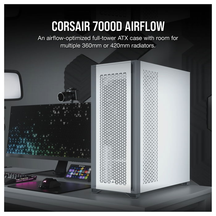Corsair 7000D Airflow Torre Completa para Gaming - Caja PC Blanco con Ventana Lateral de Cristal Templado, Compatible con ATX, micro-ATX, Mini-ITX, Gestión de Cables