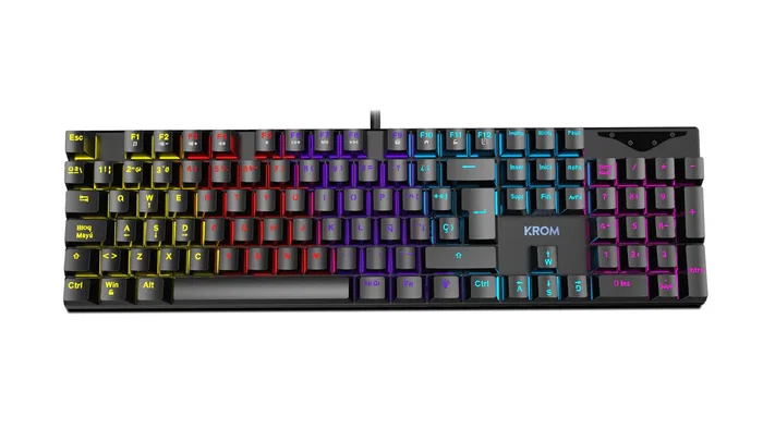 Krom Teclado Mecánico Gaming USB para PC, 105 Teclas QWERTY Inglés 100% con Retroiluminación LED RGB, Antighosting y Teclado Numérico - Negro