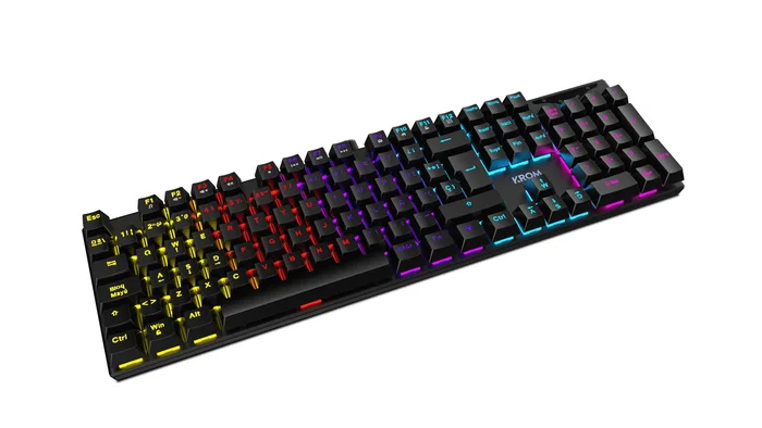 Krom Teclado Mecánico Gaming USB para PC, 105 Teclas QWERTY Inglés 100% con Retroiluminación LED RGB, Antighosting y Teclado Numérico - Negro