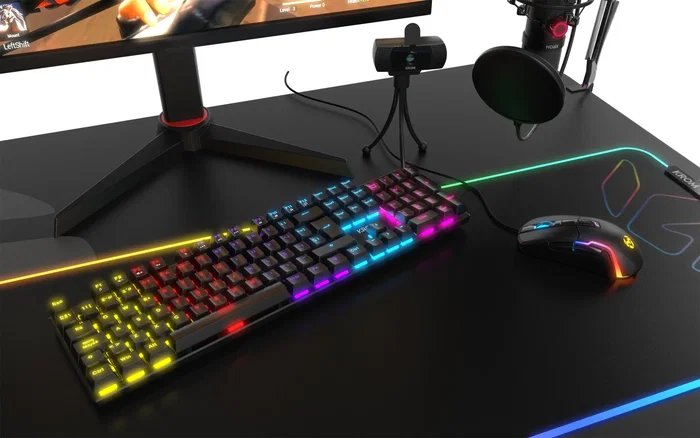 Krom Teclado Mecánico Gaming USB para PC, 105 Teclas QWERTY Inglés 100% con Retroiluminación LED RGB, Antighosting y Teclado Numérico - Negro