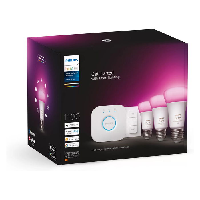 Philips Hue E27 3er Starter Set White & Color Ambiance Bombillas Inteligentes con Regulador de Intensidad, Bluetooth, 3uds