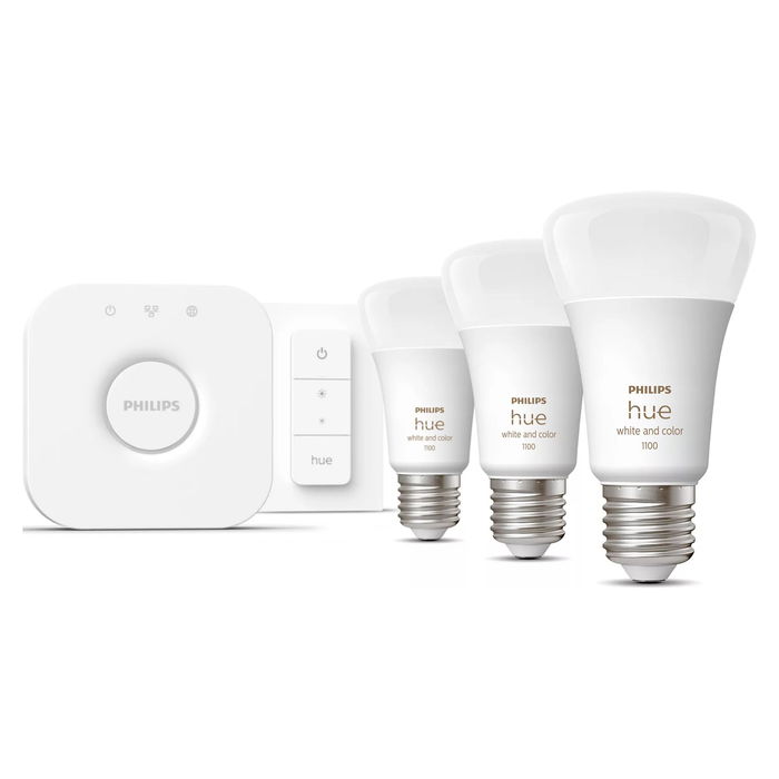 Philips Hue E27 3er Starter Set White & Color Ambiance Bombillas Inteligentes con Regulador de Intensidad, Bluetooth, 3uds