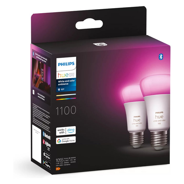 Philips Hue 8719514291317A Bombilla LED Inteligente E27 White & Color Ambiance, 2 Unidades, 1055lm, Bluetooth/Zigbee, Compatible Alexa, Google Assistant