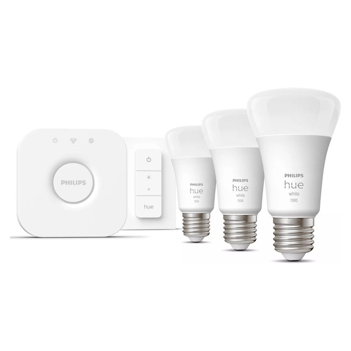 Philips Hue White Kit de Inicio - 3 Bombillas LED Inteligentes E27 A60, 1100lm, Blanco Cálido, Regulable por Bluetooth y App, Compatible con Alexa y Apple HomeKit