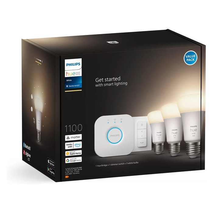 Philips Hue White Kit de Inicio - 3 Bombillas LED Inteligentes E27 A60, 1100lm, Blanco Cálido, Regulable por Bluetooth y App, Compatible con Alexa y Apple HomeKit