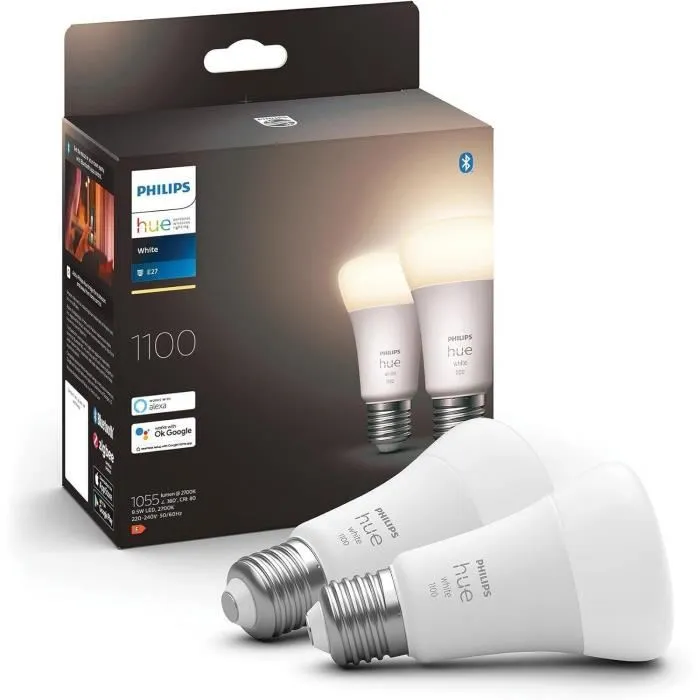 Philips Hue Bombilla LED Conectada E27 Blanco, Equivalente 75W, 1100 Lumen, Bluetooth, 2 Paquetes, PHI8719514289192