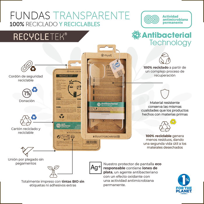 Muvit Funda Recycletek para Apple iPhone 13, Antibacteriana, Material Reciclado, Protección Flexible