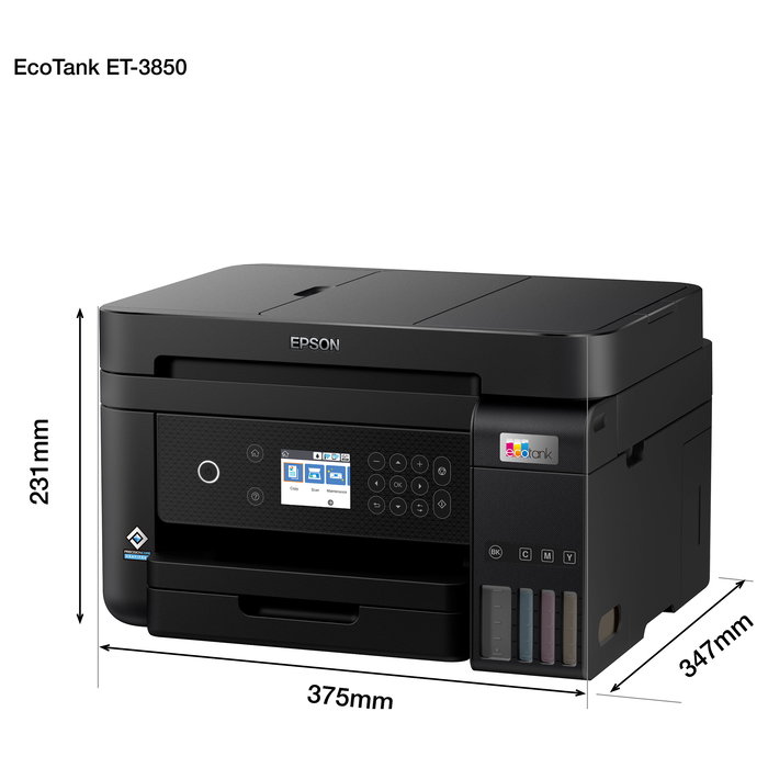 Epson EcoTank ET-3850 Impresora Multifunción A4 con Depósito de Tinta, WiFi, ADF, Duplex, Impresión sin Bordes y Pantalla LCD a Color de 2.4"