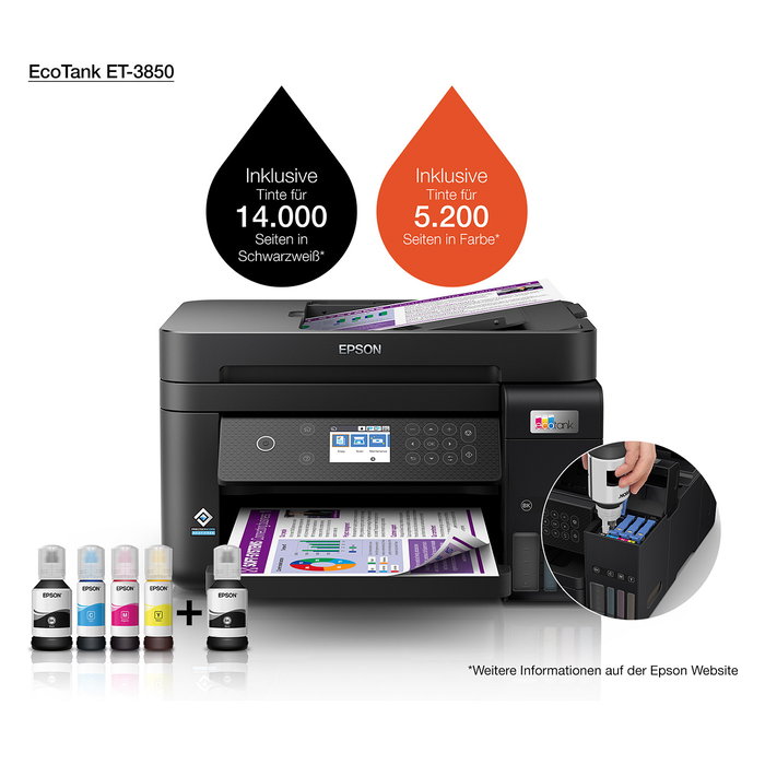 Epson EcoTank ET-3850 Impresora Multifunción A4 con Depósito de Tinta, WiFi, ADF, Duplex, Impresión sin Bordes y Pantalla LCD a Color de 2.4"