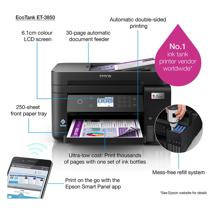 Epson EcoTank ET-3850 Impresora Multifunción A4 con Depósito de Tinta, WiFi, ADF, Duplex, Impresión sin Bordes y Pantalla LCD a Color de 2.4"