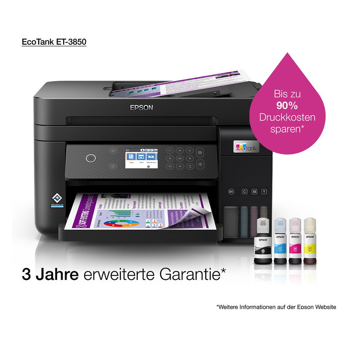 Epson EcoTank ET-3850 Impresora Multifunción A4 con Depósito de Tinta, WiFi, ADF, Duplex, Impresión sin Bordes y Pantalla LCD a Color de 2.4"