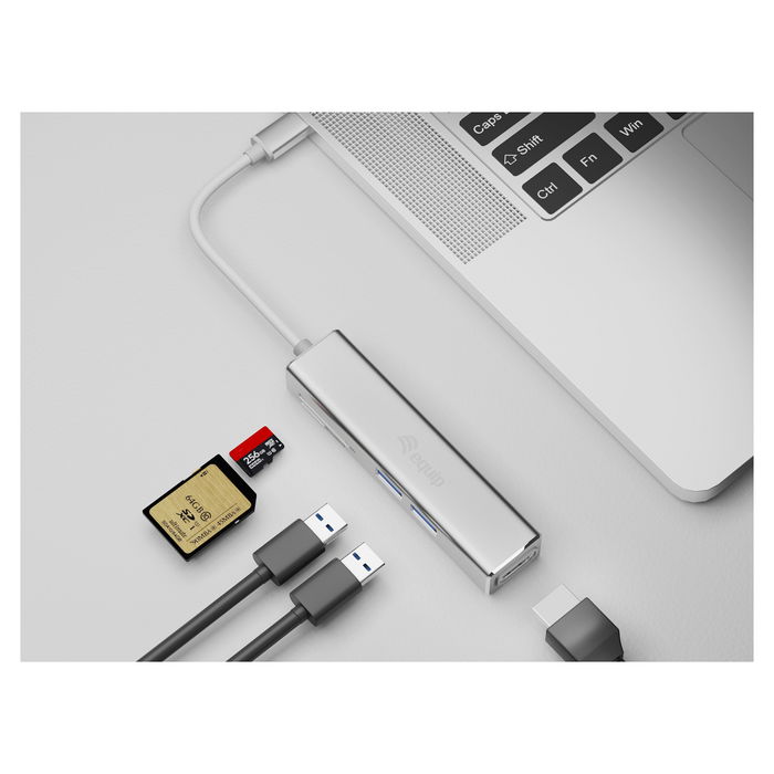 EQUIP Adaptador USB-C a HDMI 2.0, 2x USB 3.0, Lector SD, 4K 30Hz, Cable 0.15m