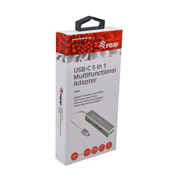 EQUIP Adaptador USB-C a HDMI 2.0, 2x USB 3.0, Lector SD, 4K 30Hz, Cable 0.15m