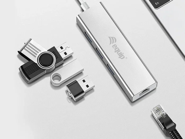 Equip Hub USB-C con 3 Puertos USB 3.0 y Puerto Gigabit Ethernet - Adaptador Multipuerto