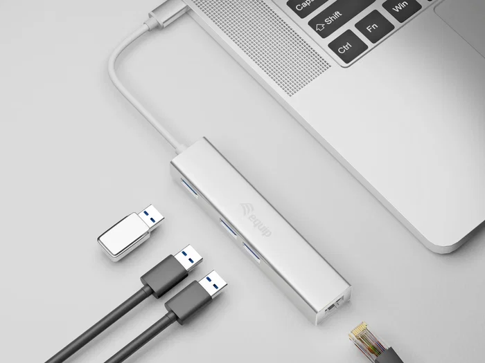 Equip Hub USB-C con 3 Puertos USB 3.0 y Puerto Gigabit Ethernet - Adaptador Multipuerto