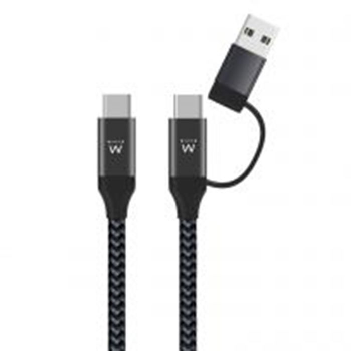 Ewent Cable de Carga USB-C 2 en 1 Tipo C, EW9918, USB-C a USB-C/USB-A, Carga Rápida 60W, 1m, Cable Trenzado de Nylon