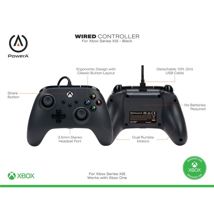 PowerA Mando con Cable para Xbox Series X/S y Xbox One Negro