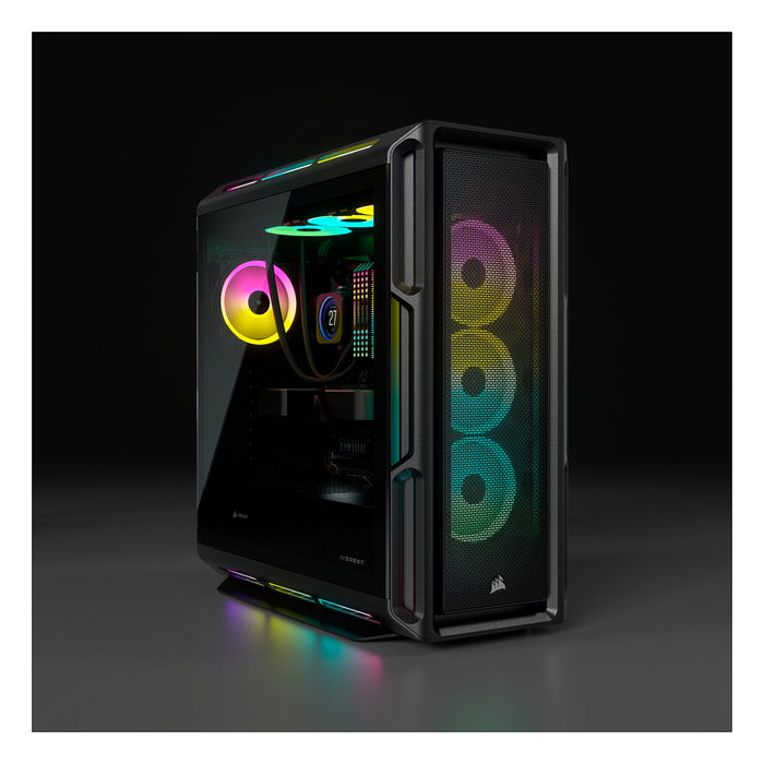 Corsair iCUE 5000T RGB - Torre Media ATX, Color Negro, Ventiladores ARGB Incluidos (3x 120 mm), 4 Bahías 2.5", Soporte para Tarjetas Gráficas de 40 cm, Panel de Vidrio Templado