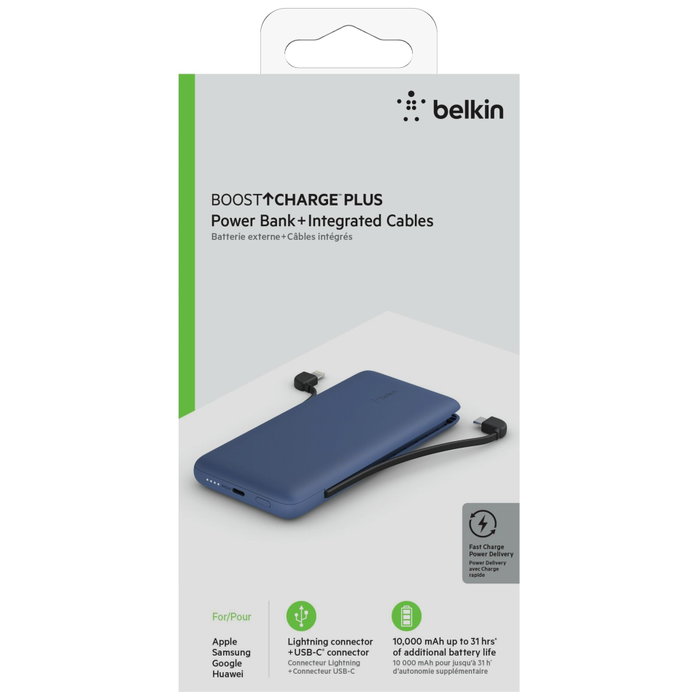 Belkin Power Bank 10.000mAh con cables Lightning y USB-C integrados - Azul