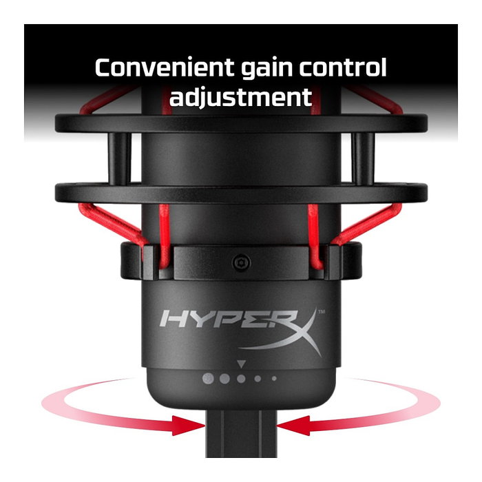 Kingston HyperX QuadCast Micrófono USB para Gaming PC, PS5, PS4, Mac, Negro-Rojo con Iluminación LED Roja, Cable de 3 m, Negro y Rojo