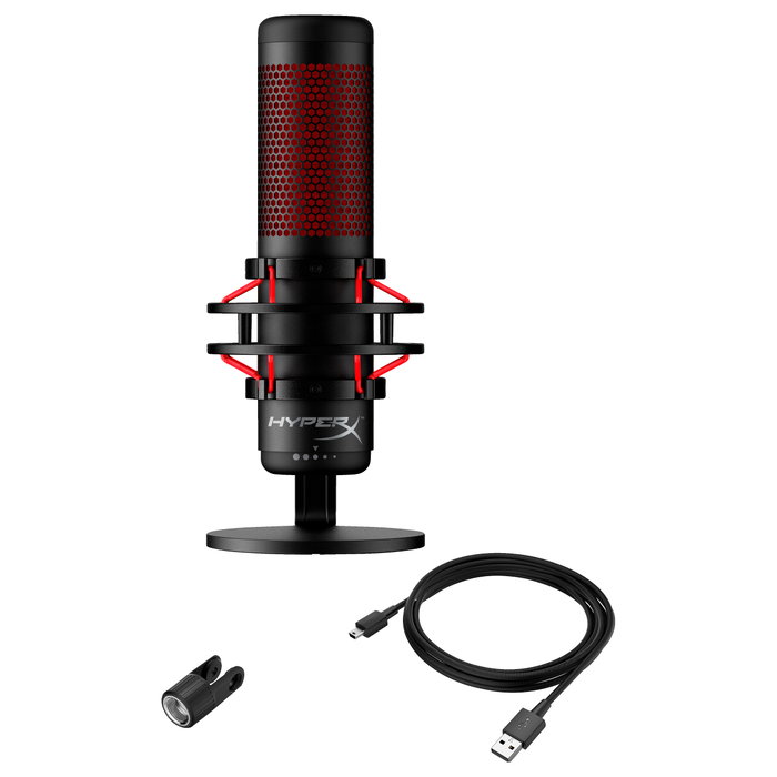Kingston HyperX QuadCast Micrófono USB para Gaming PC, PS5, PS4, Mac, Negro-Rojo con Iluminación LED Roja, Cable de 3 m, Negro y Rojo