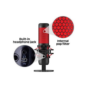 Kingston HyperX QuadCast Micrófono USB para Gaming PC, PS5, PS4, Mac, Negro-Rojo con Iluminación LED Roja, Cable de 3 m, Negro y Rojo