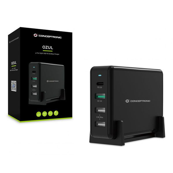 Conceptronic OZUL01B Cargador USB-C 65W Carga Rápida PD 3.0 y QC 3.0 para Nintendo Switch, iPad, iPhone, Samsung Galaxy, con Protección - Negro