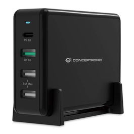 Conceptronic OZUL01B Cargador USB-C 65W Carga Rápida PD 3.0 y QC 3.0 para Nintendo Switch, iPad, iPhone, Samsung Galaxy, con Protección - Negro