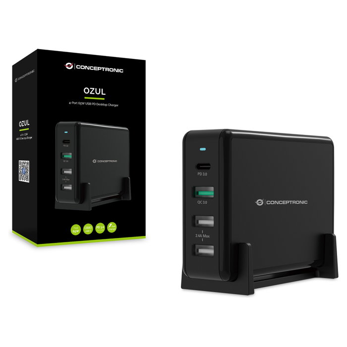 Conceptronic OZUL01B Cargador 4 Puertos 65W USB-PD