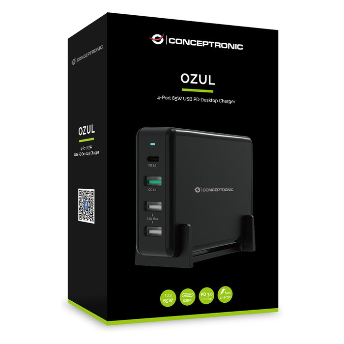 Conceptronic OZUL01B Cargador 4 Puertos 65W USB-PD