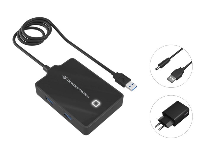 Conceptronic Hub USB 3.0 de 4 puertos con adaptador de corriente, Negro Conceptronic Hub USB 3.0 de 4 puertos con adaptador de corriente, Negro