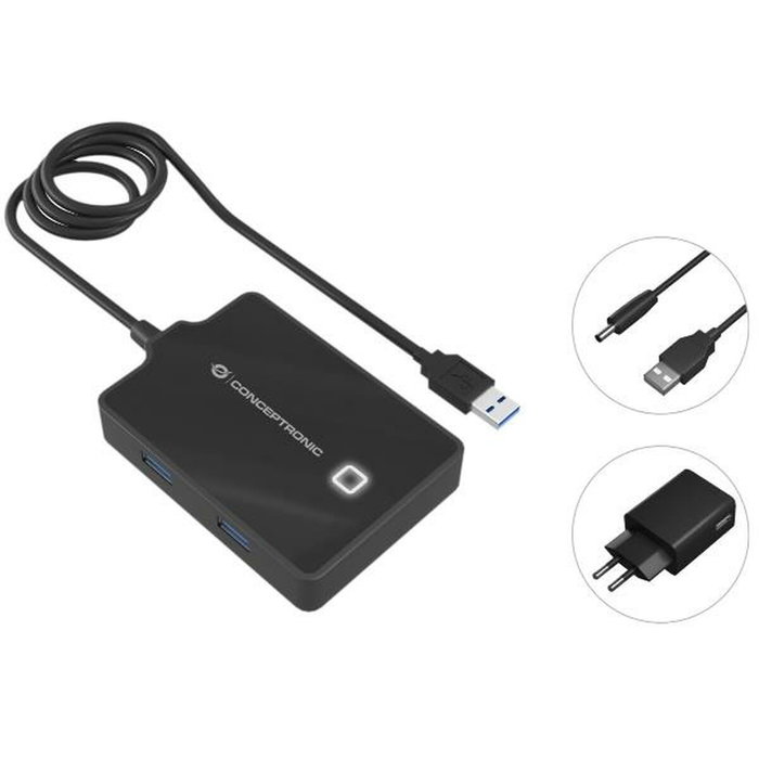 Conceptronic Hub USB 3.0 de 4 puertos con adaptador de corriente, Negro Conceptronic Hub USB 3.0 de 4 puertos con adaptador de corriente, Negro