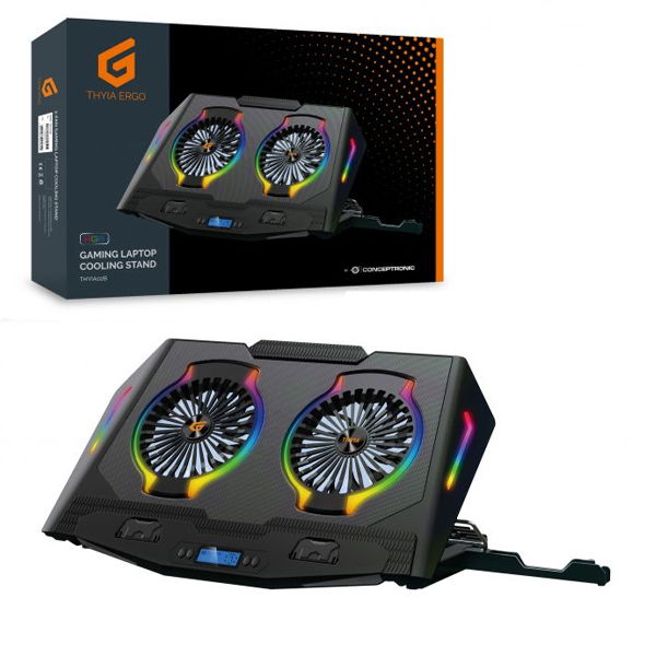 Conceptronic THYIA02B Soporte Refrigeración Portátil Gaming con Ventiladores RGB y LCD, Ajustable Ergonómico para Laptops hasta 17"