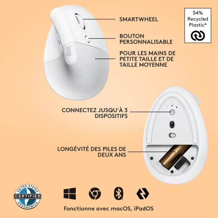 Logitech Lift Ratón Ergonómico Vertical Blanco