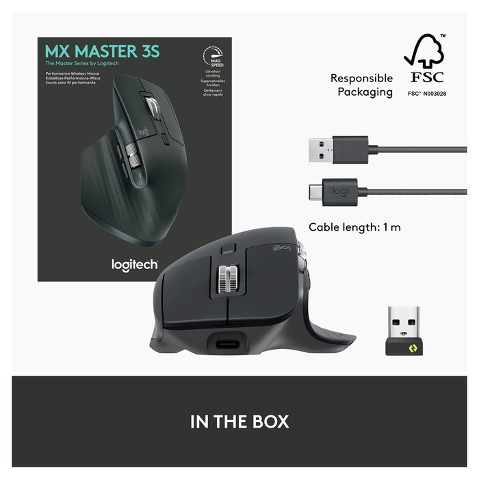 Logitech MX Master 3S Ratón Ergonómico Inalámbrico Bluetooth Grafito, 8000 DPI