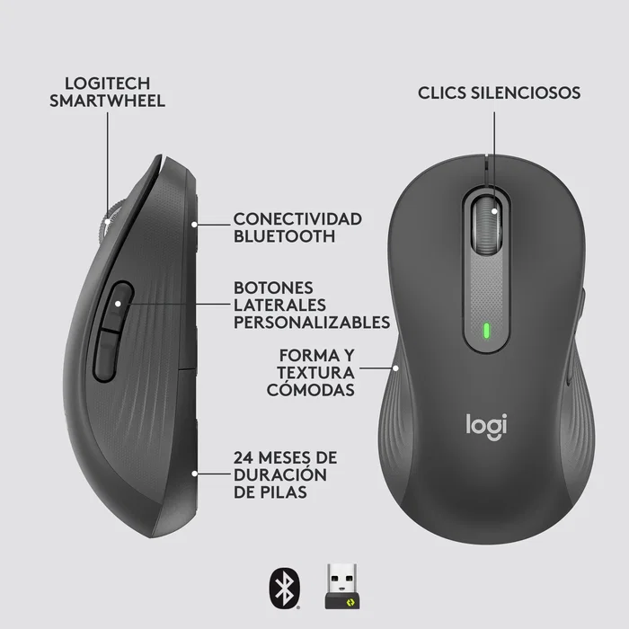 Logitech Signature M650 L 910 006239 Ratón para Zurdos Inalámbrico Bluetooth y Logi Bolt Óptico 4000 DPI Silent Touch para Oficina Grafito