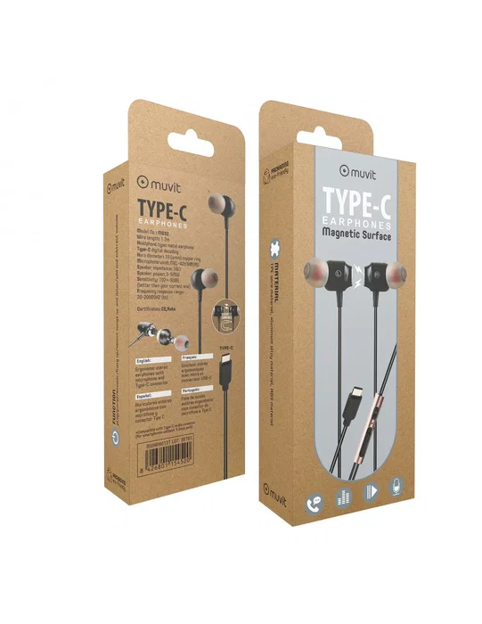 Muvit M1C Auriculares Intraurales con Cable USB Tipo C, Control de Volumen y Micrófono Integrado para Música y Llamadas - Negro